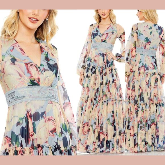 NWT MAC DUGGAL [ 12 ] 11401 Floral Puff‎ Sleeve Dress w/ Embroidered Waist - Picture 1 of 16